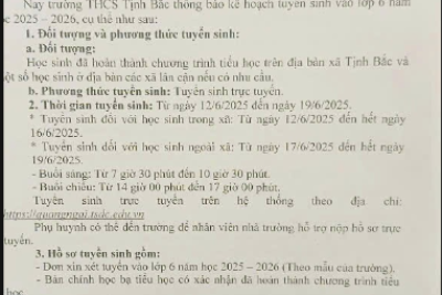 TUYỂN SINH VÀO LỚP 6 NĂM HỌC 2025-2026